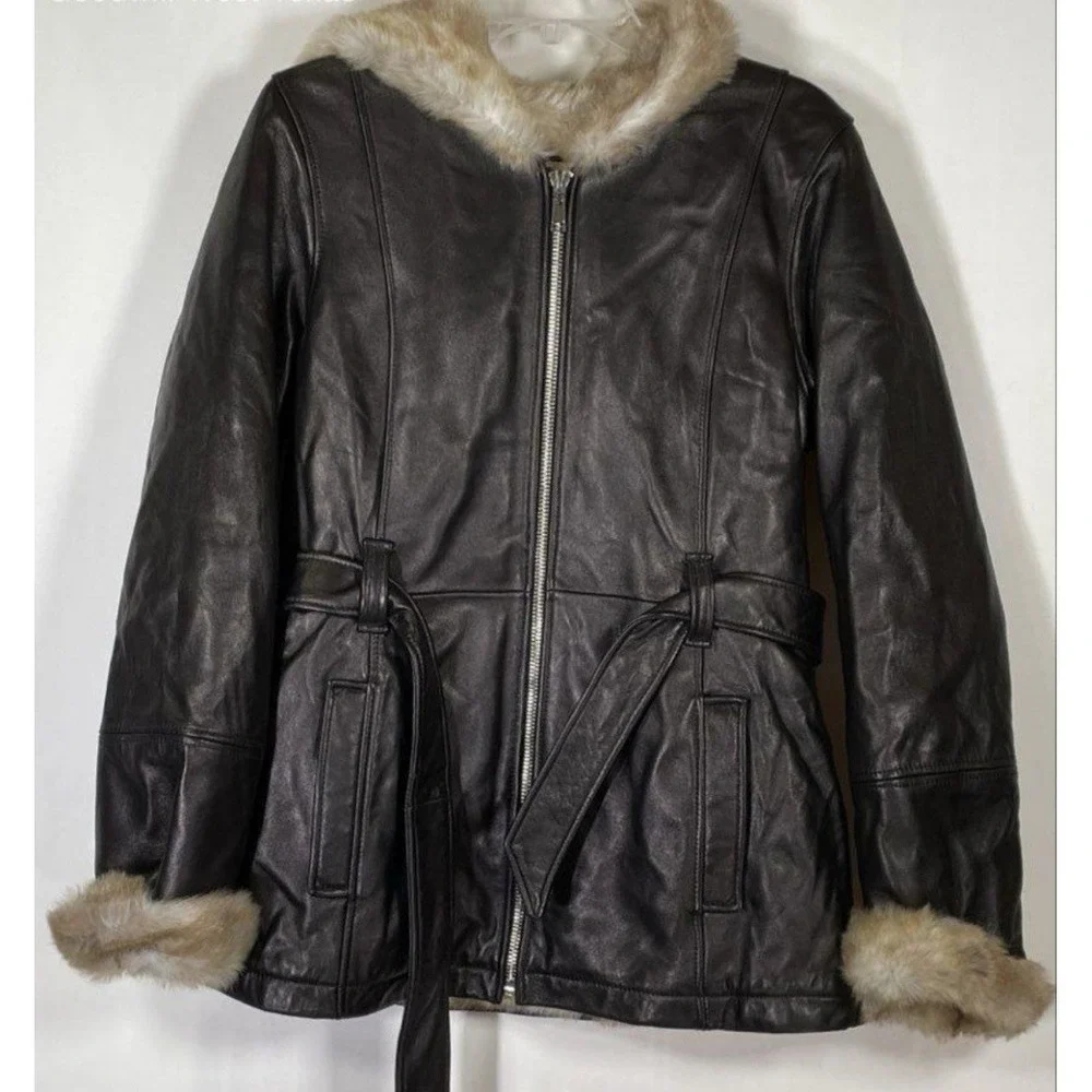 Wilsons Vintage USA Mens Genuine Leather Faux Fur Hooded Belted Jacket Medium